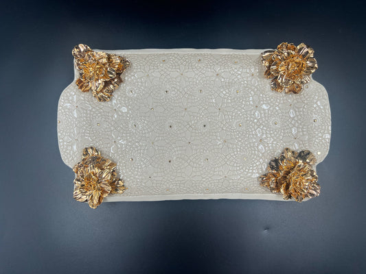 Cream lace tray with corner flowers and gold rim