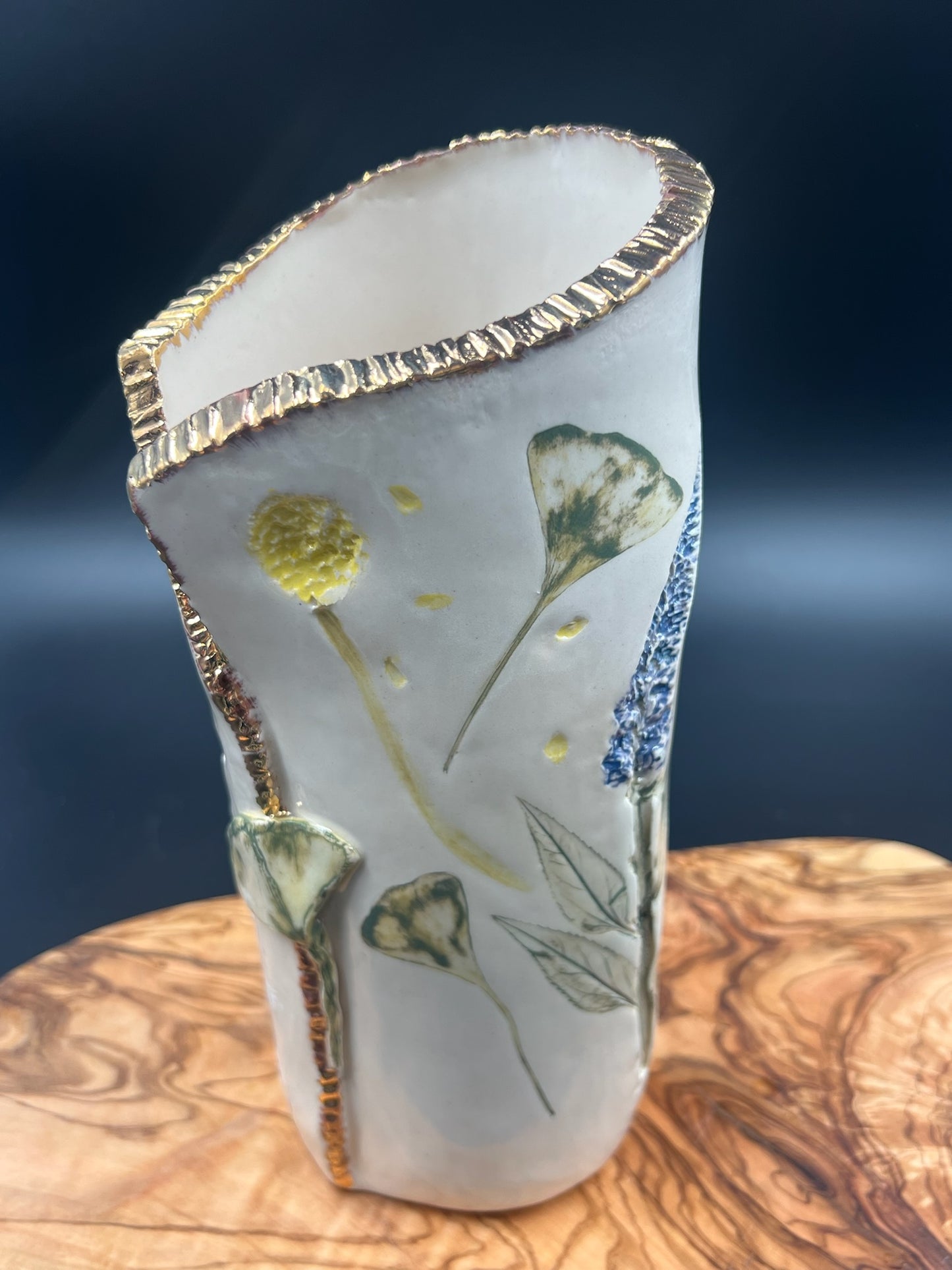 Color floral vase with gingko at lip and sepia interior lace