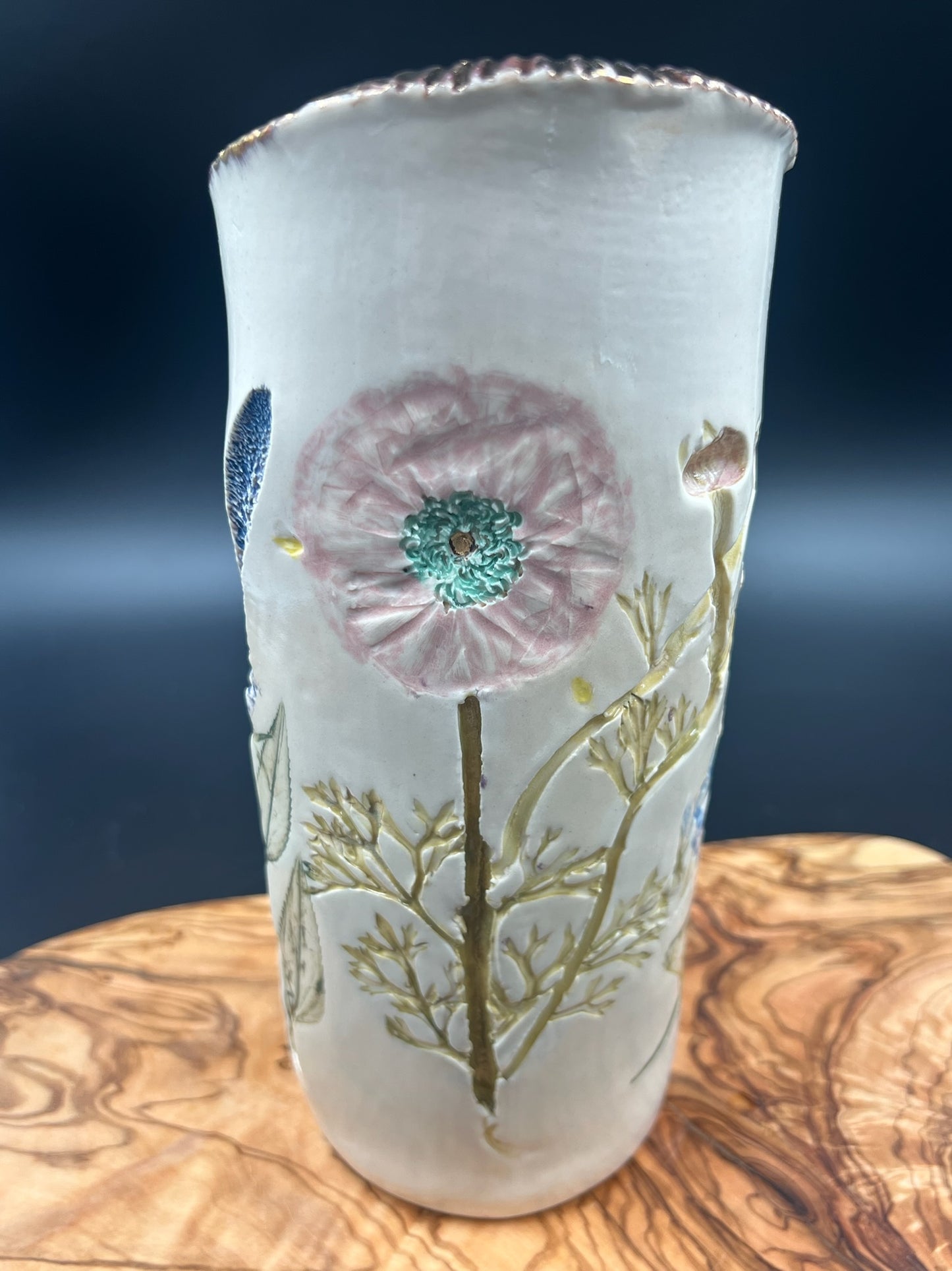 Color floral vase with gingko at lip and sepia interior lace