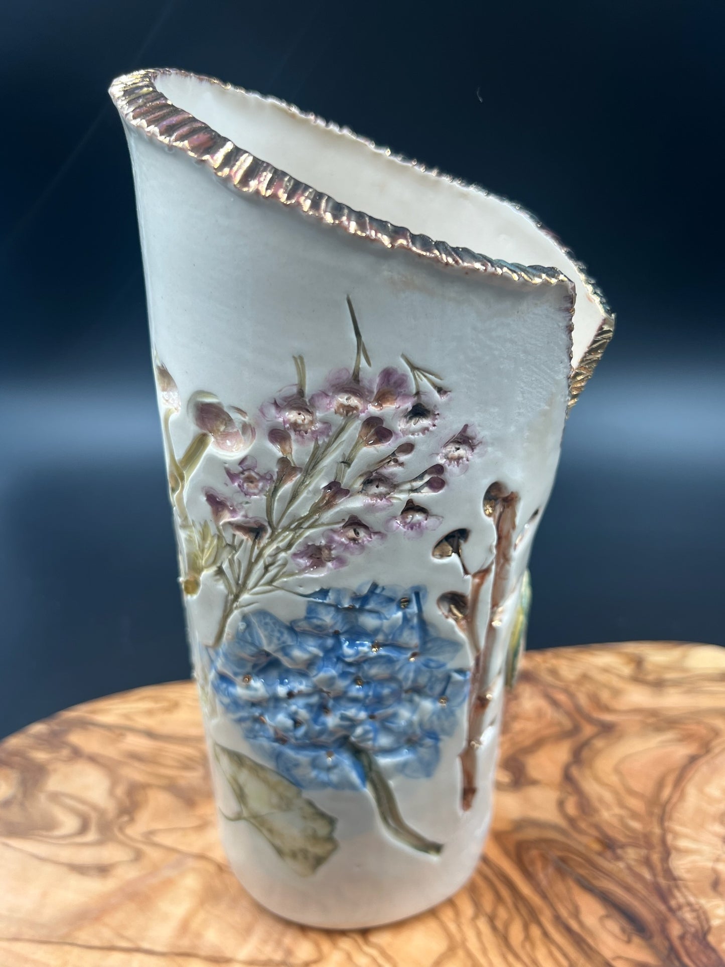 Color floral vase with gingko at lip and sepia interior lace