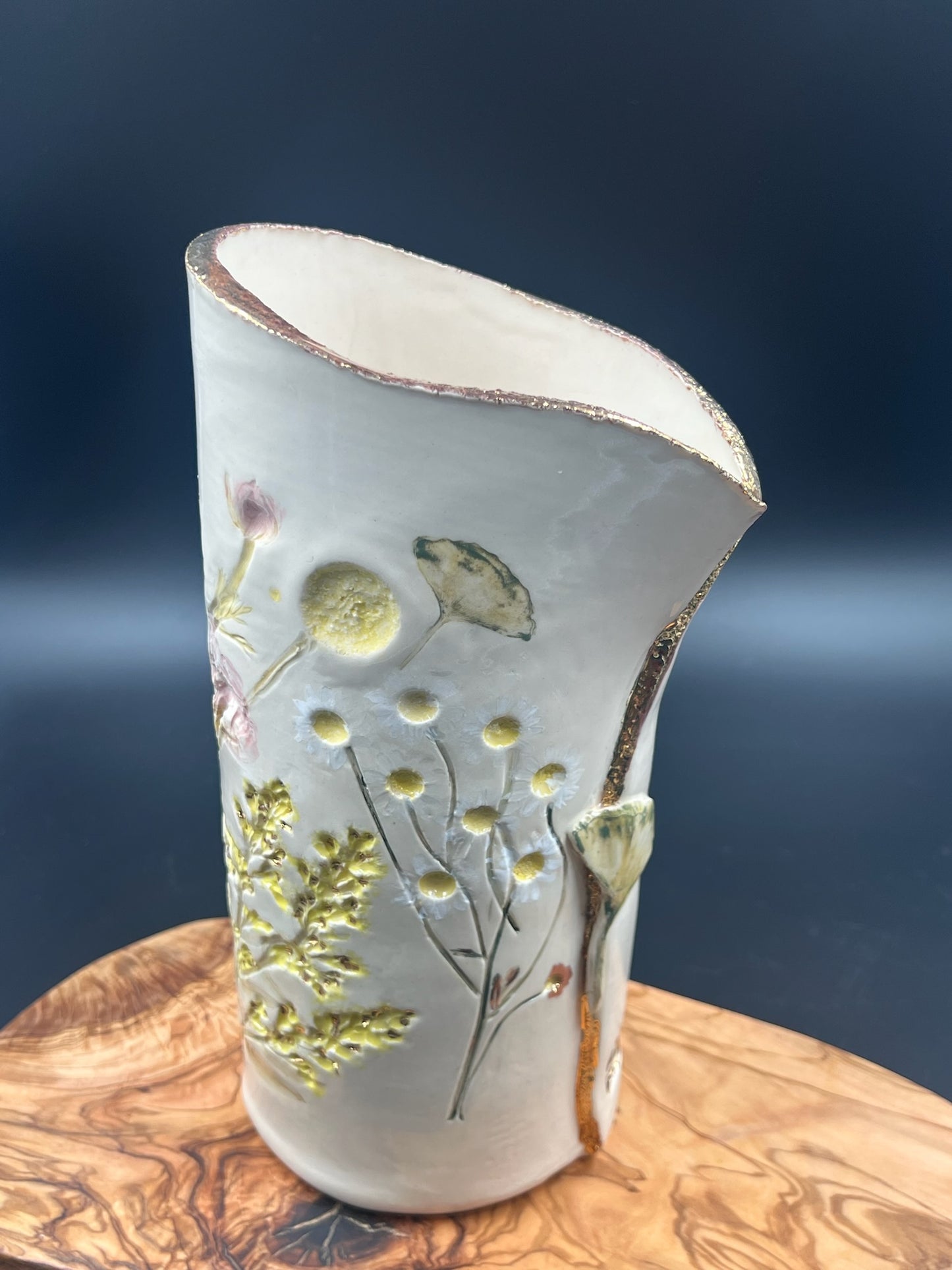 Color floral vase with gingko at lip and sepia interior lace