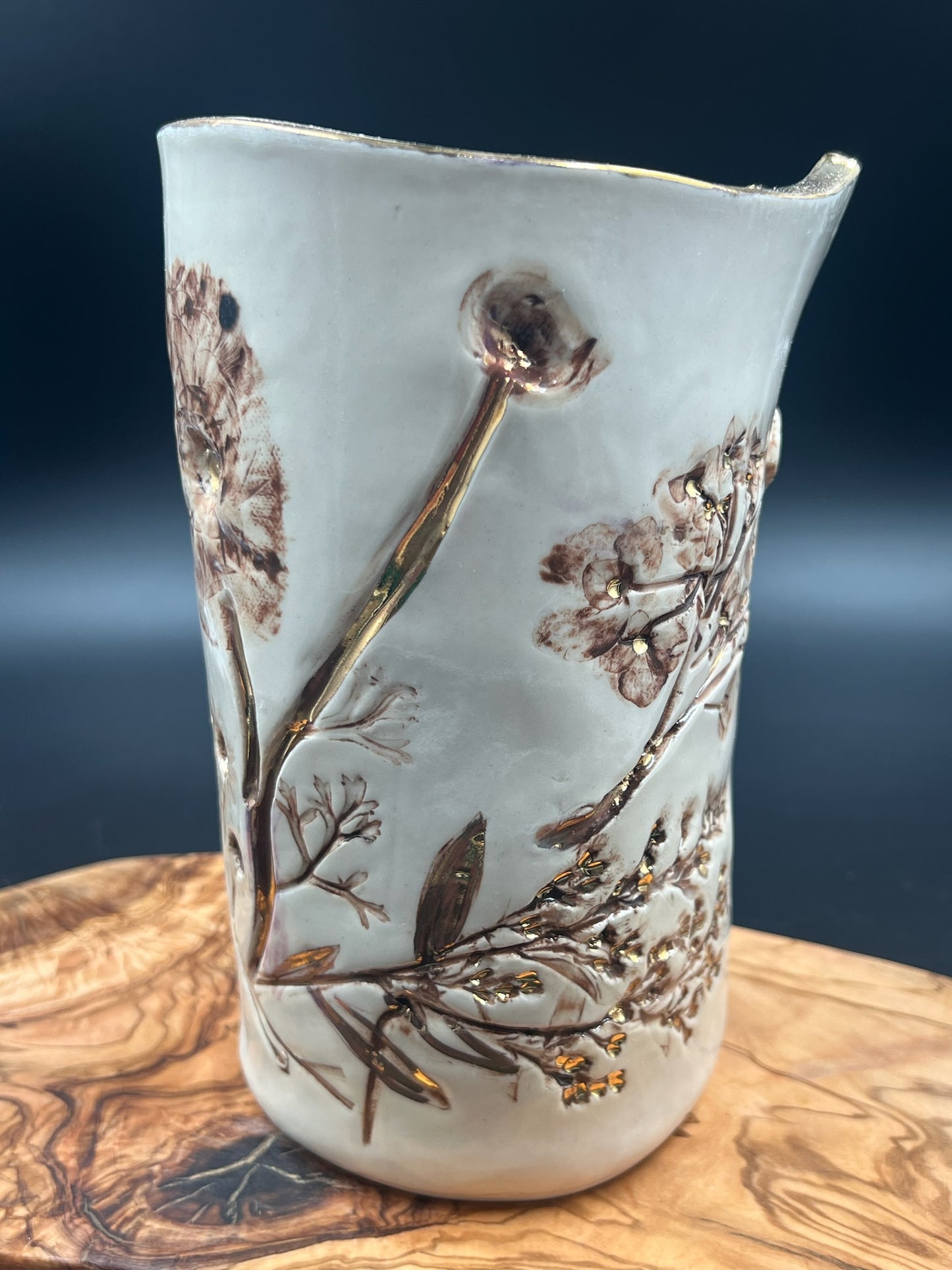 Sepia vase with sepia lace interior and gold rim