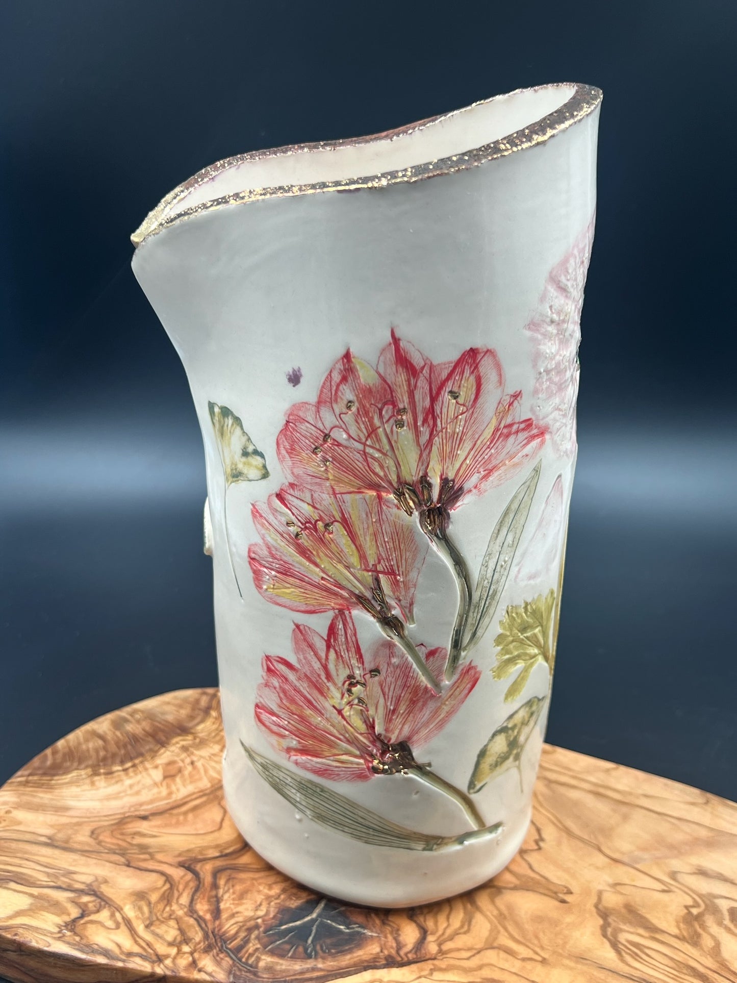 Color floral vase with gingko at lip and sepia interior lace