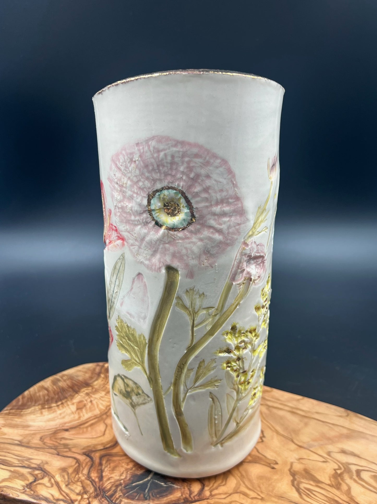 Color floral vase with gingko at lip and sepia interior lace