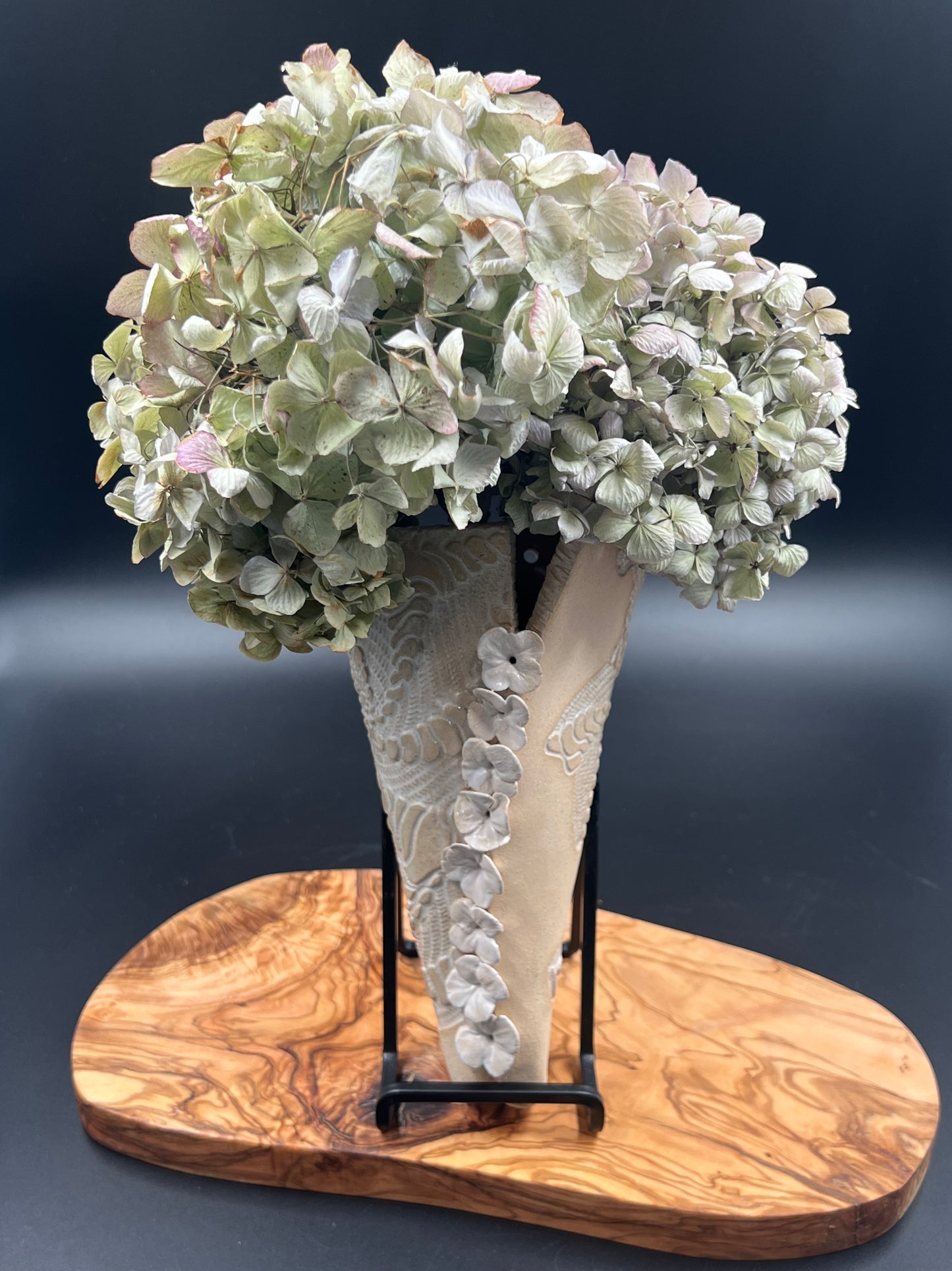 Hydrangea and Antique Crochet Wall Mount Stoneware Vase